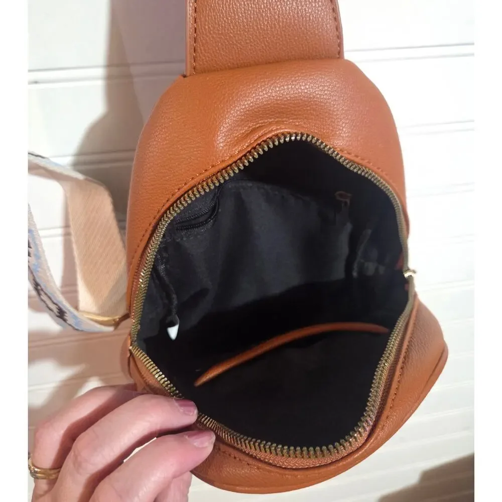 Brown Faux Leather Western Aztec Crossbody Bag Chest Pack Strap